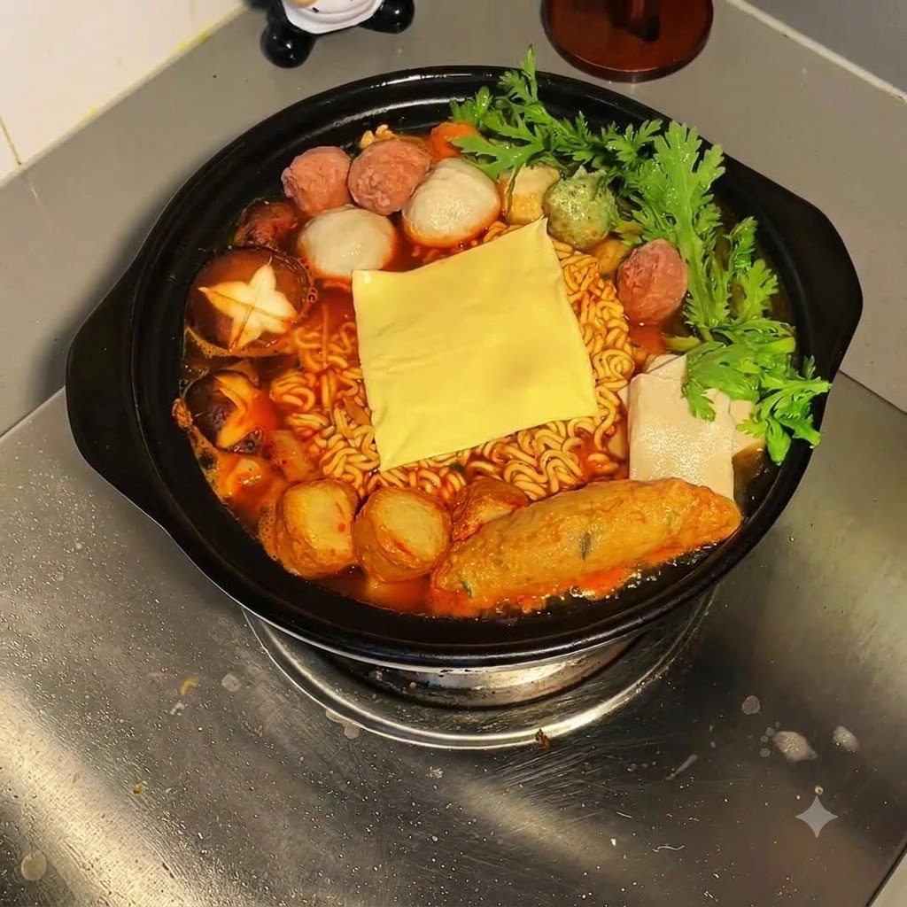 어묵 완자, 버섯, 채소가 가득한 보글보글 끓는 누들 스튜 중앙에 노란색 치즈 한 장이 얹혀 있는 모습.
