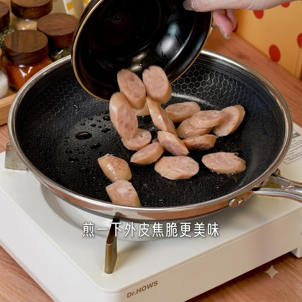 달궈진 팬에 소시지 슬라이스를 넣고 바삭해질 때까지 볶아내는 모습.