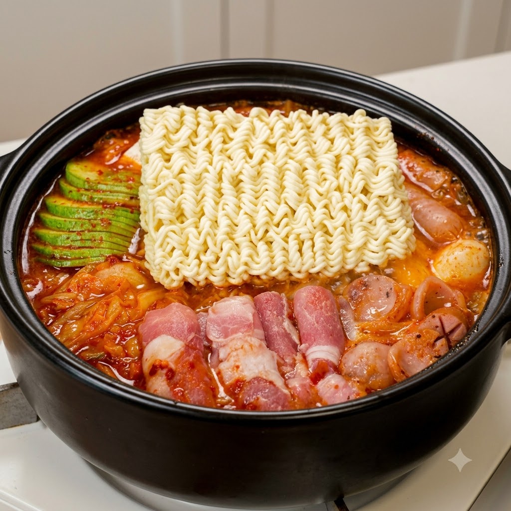 보글보글 끓는 뜨거운 냄비 속 채소와 고기 옆에 인스턴트 라면 면을 넣는 모습.