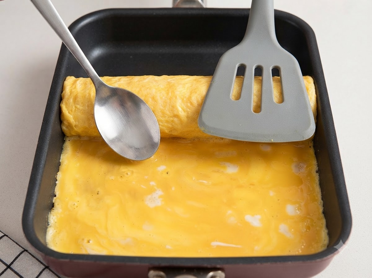 어두운 도마 위에서 완성된 달걀말이가 깔끔하게 조각으로 잘리는 모습.
