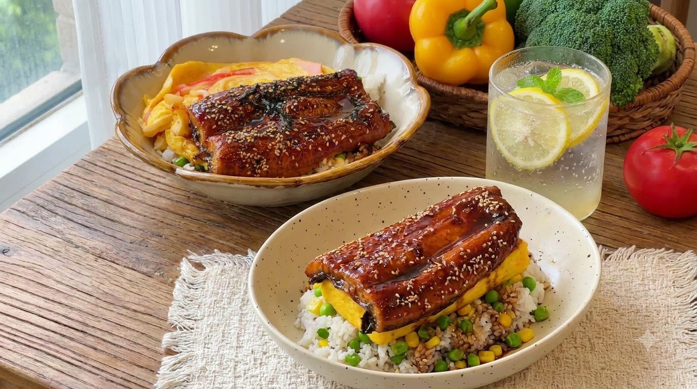 옥수수 그린콩 밥과 타마고yaki, 그리고 가바야키 장어덮밥