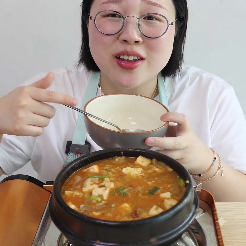 전경에 그릇을 든 사람이 있는 상태로, 썬 양파와 애호박이 들어간 보글보글 끓는 수프 육수 냄비.