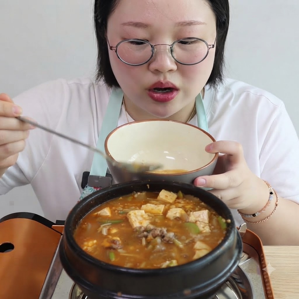 보글보글 끓는 한국식 된장찌개 냄비 안에서 두부 큐브와 팽이버섯이 끓고 있는 모습.