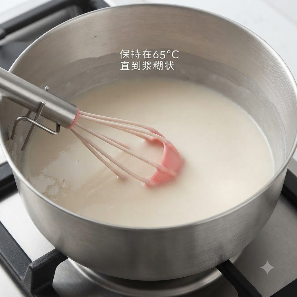 스토브 위 냄비에서 거품기로 부드러운 흰색 액체 혼합물을 젓고 있는 모습.