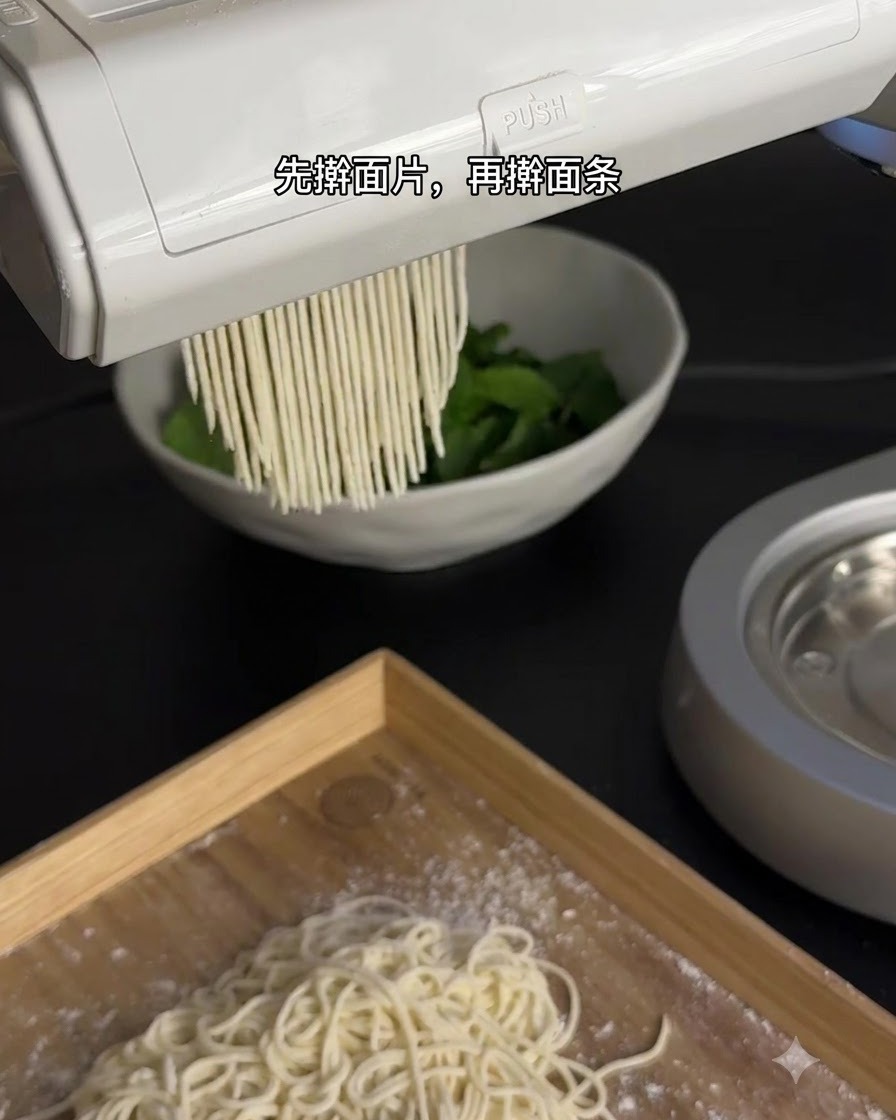 배경에 채소 볼이 있는 상태에서, 기계 노즐에서 나무 도마 위로 신선한 얇은 면이 뽑어져 나오는 모습.
