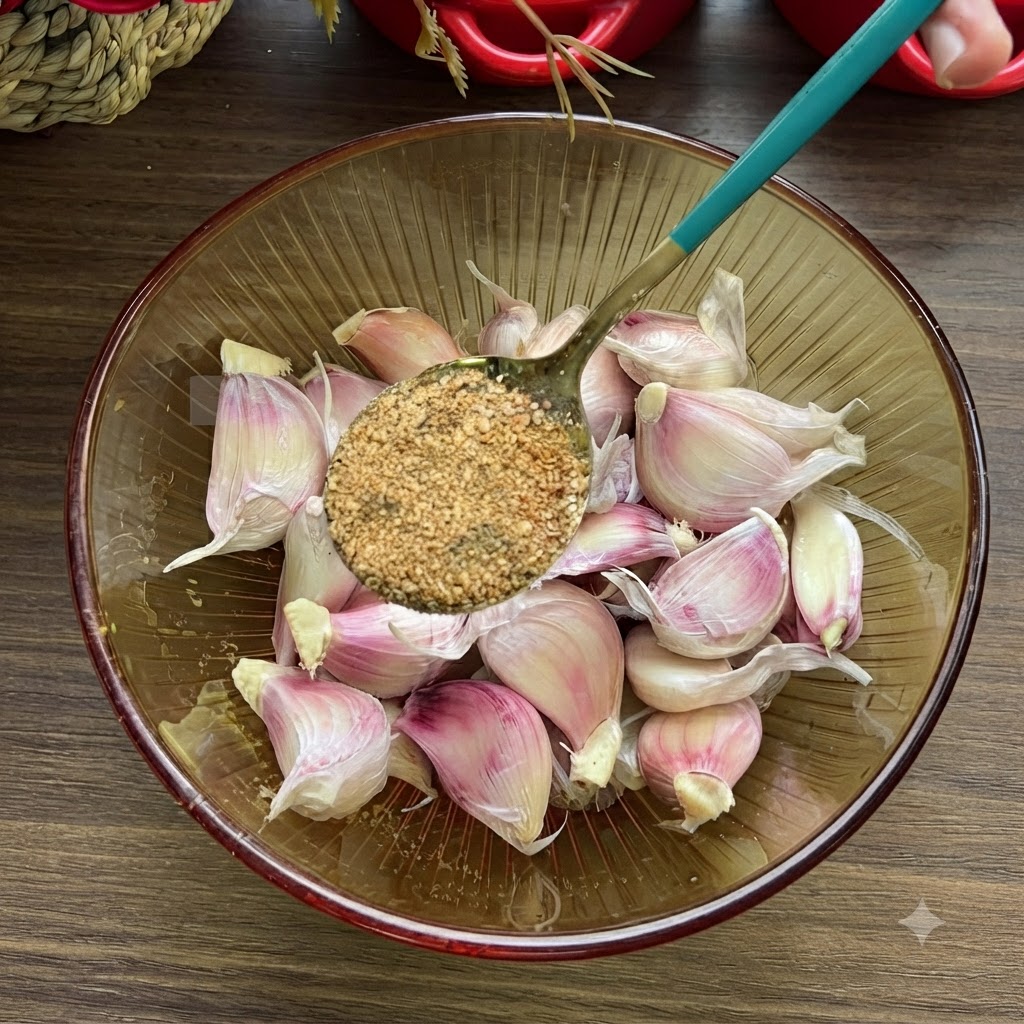 마늘이 담긴 볼에 바비큐 시즈닝과 식용유가 추가된 모습.