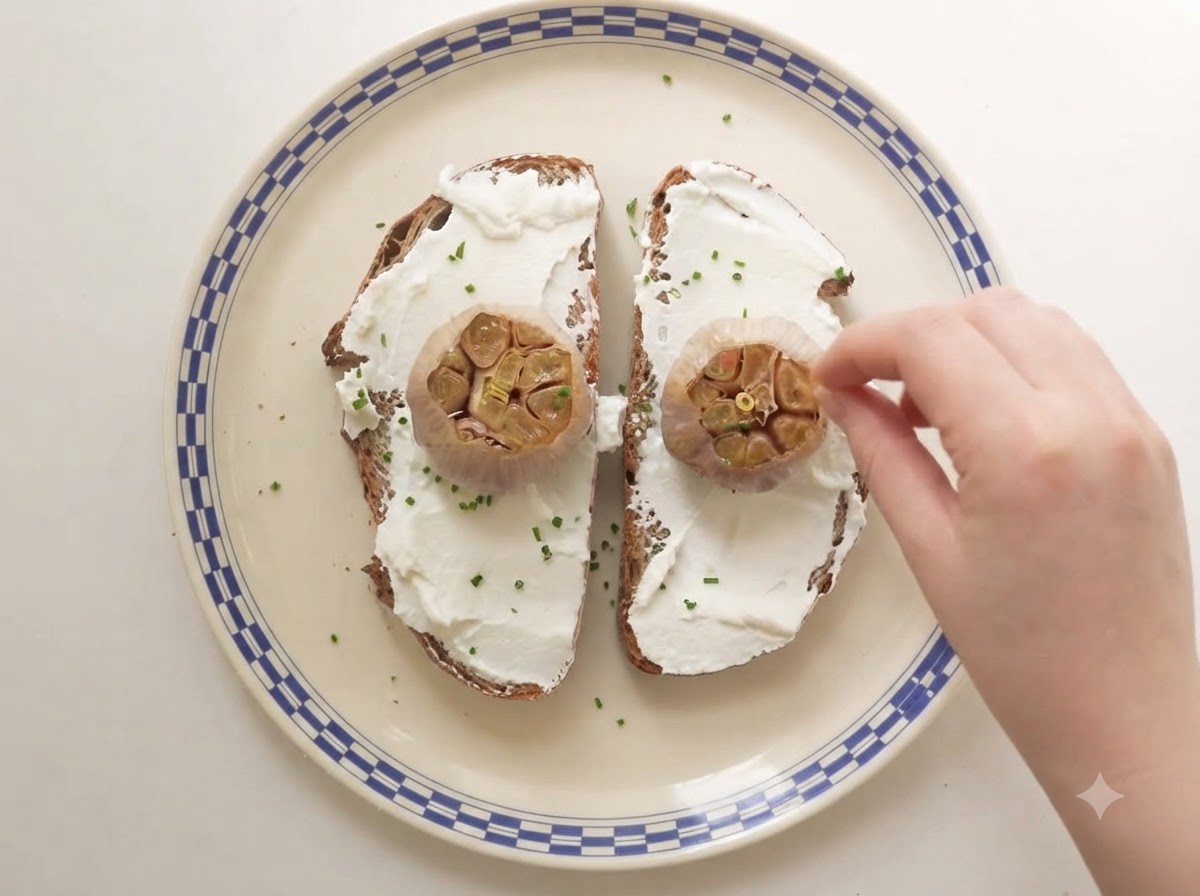 마늘과 리코타가 올려진 사워도우 빵 위로 잘게 썬 신선한 차이브를 손으로 뿌리는 모습.