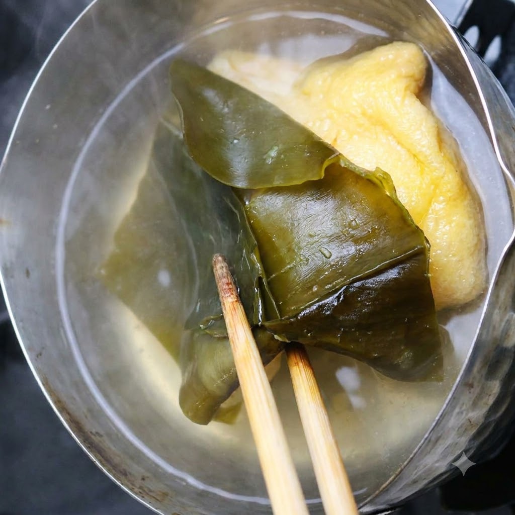 젓가락이 맑은 육수가 담긴 냄비 위로 젖은 어두운 색의 다시마를 집어 들고 있는 모습.