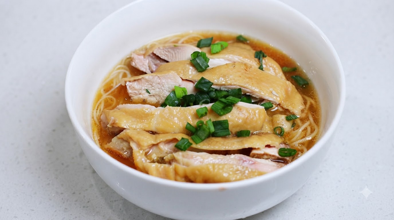 부드러운 닭고기 편육과 구운 대파를 얹어 따뜻하게 완성한 닭육수 미소 라멘 한 그릇.