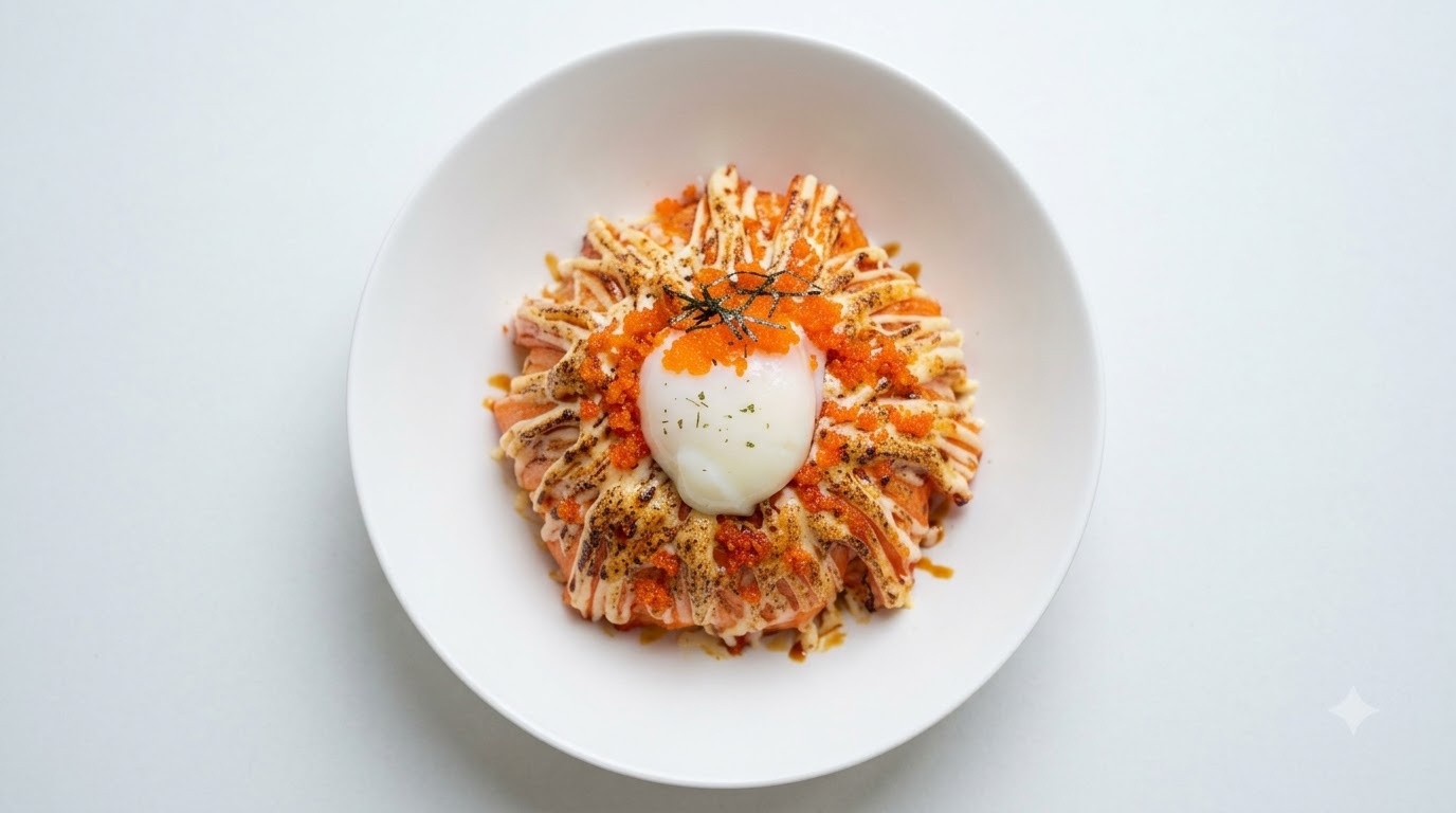 온천 계란, 주황색 날치알, 마요네즈와 장어 소스 조합의 토치 구운 맛살 덮밥 완성 컷